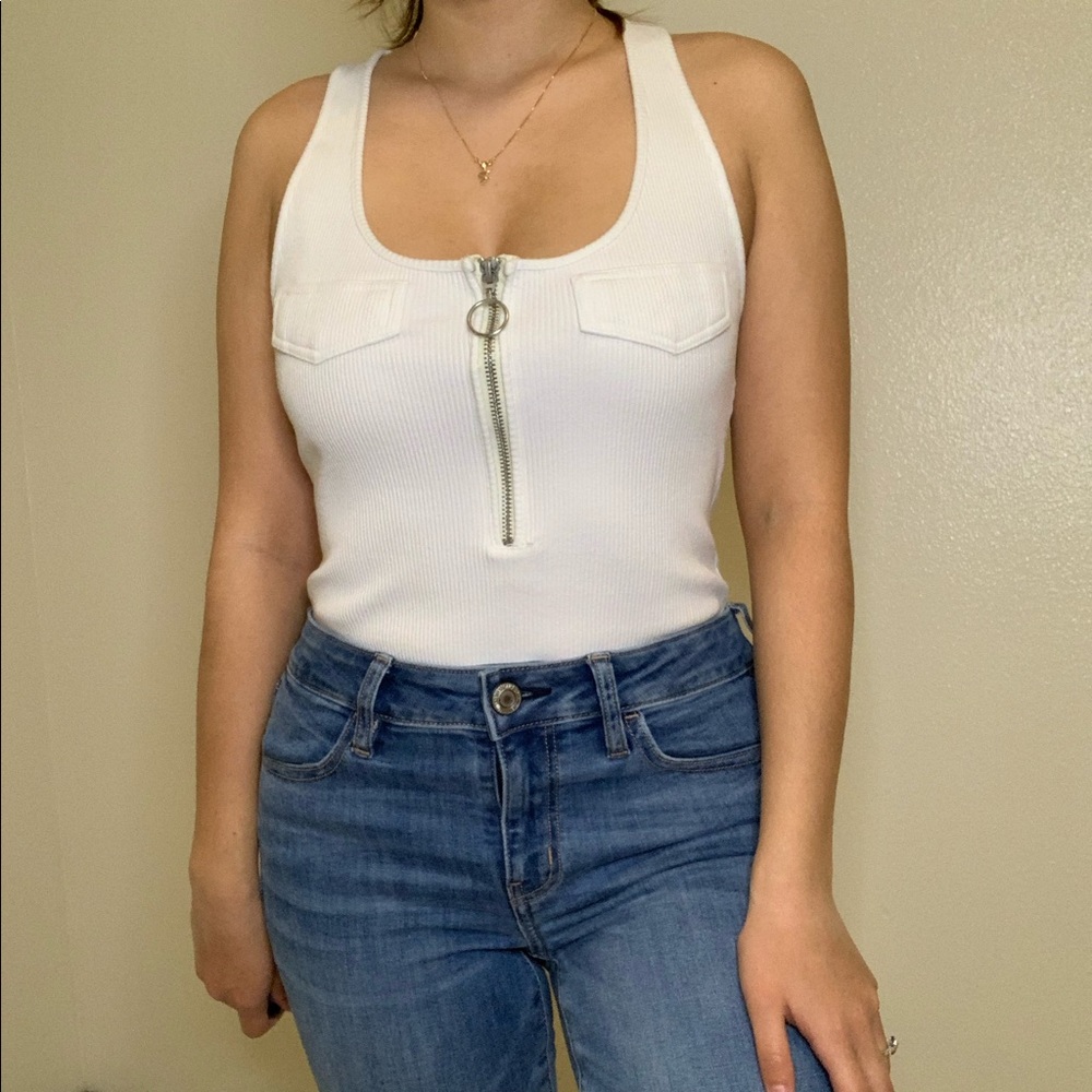 ribbed racerback zip-front bodysuit